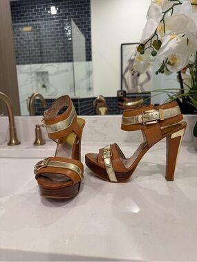 MICHAEL Michael Kors Brown and Gold High Heel Sandals